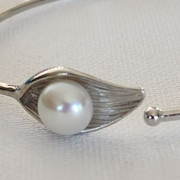 925S Silver 10mm Real Cultured White Freshwater‎ Pearl Solitaire Bangle Bracelet - Picture 5 of 14